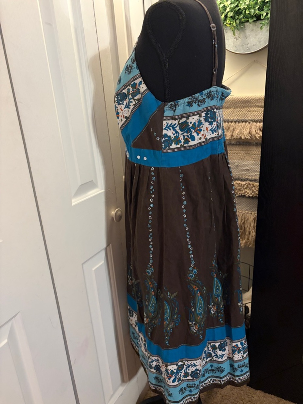 Boho V-Neck Brown and Turquoise Embroidered Midi Dress - Picture 3 of 8